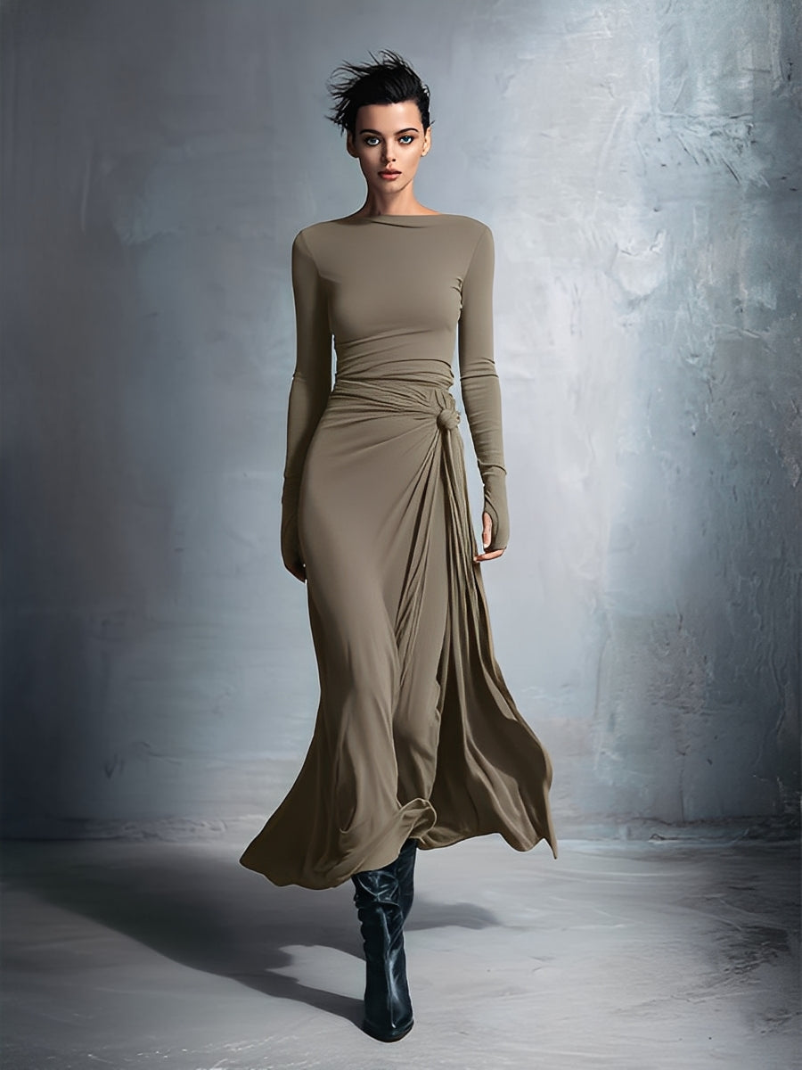 Dames Grijze Exquisite Stretch Gemengde Stof Wikkeljurk - Geknoopte Maxi Jurk