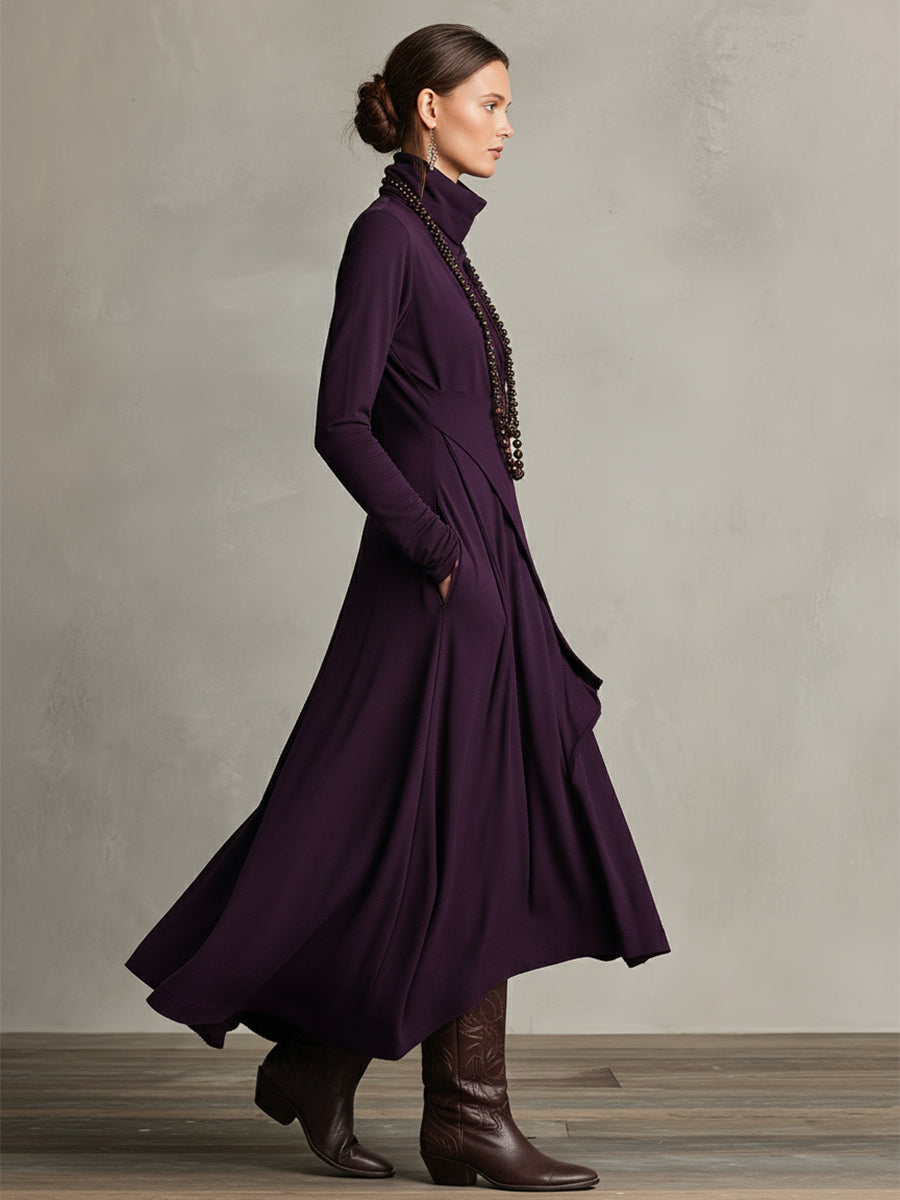 Dames Paarse Boheemse Katoenen Stretch Col Asymmetrische Geplooide Maxi Jurk
