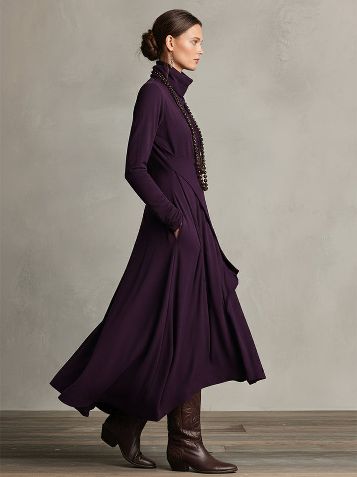 Dames Paarse Boheemse Katoenen Stretch Col Asymmetrische Geplooide Maxi Jurk